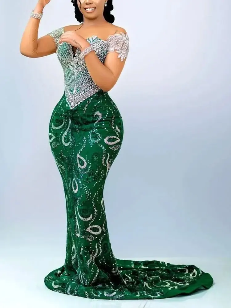 Aso Ebi Green Mermaid Prom Dress Beaded Crystals Sequined Evening Formal Party Second Reception Birthday Engagement Gowns Dresse