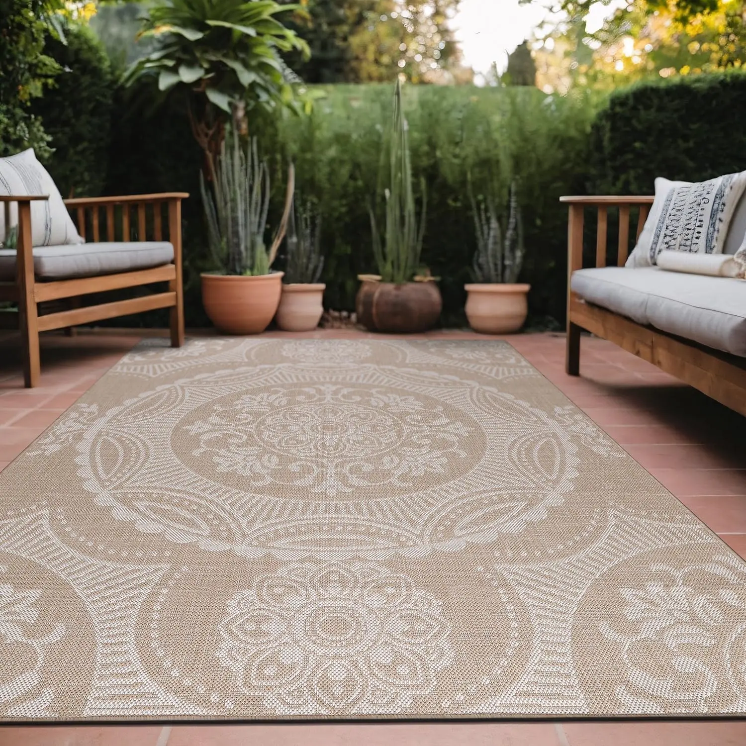 

Medallion Outdoor Rug 8x10 Washable Outside Carpet for Indoor Patio Porch Waterproof Easy Cleaning Non Shedding Area Rugs Bei