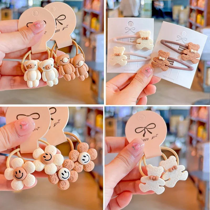 NEW Korean Cartoon Chocolate Elastic Hair Bands Bear Rabbit Hair Ties Rope Girls Gum Smile Flower Scrunchies Kid Ponytail Holder