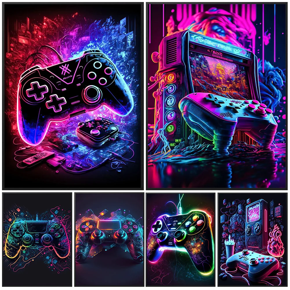 

Neon Game Canvas Paintings Game Controller Neon Posters Canvas Prints Wall Art Pictures Esports Gamer Room Decor No Frame