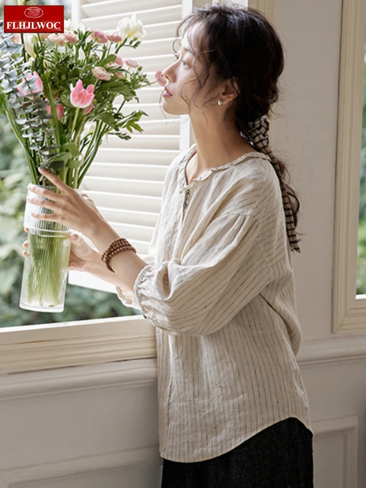 Chanvre coton mélanges hauts Blouses nouveau Mori filles femmes été mince confortable décontracté rayé chemises volants rétro Vintage haut
