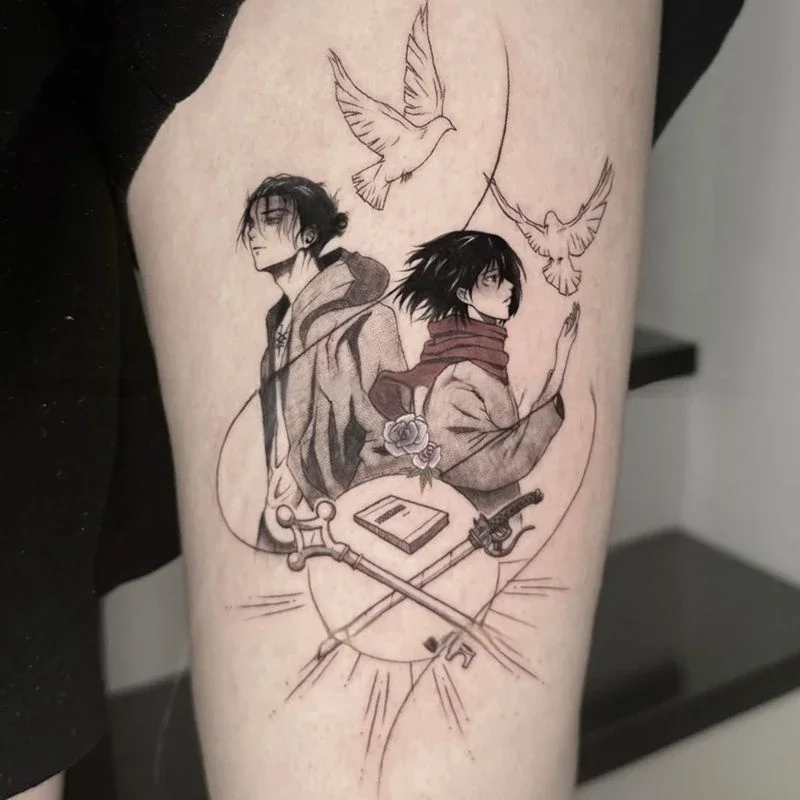 

Anime Temporary Tattoos Attack on Titan Cartoon Eren Mikasa Realistic Body Art Waterproof Fake Tattoo Sticker for Woman Man