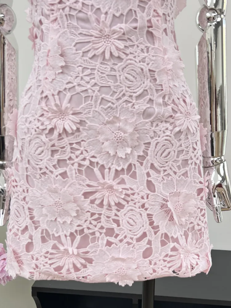 여성용 2025 봄 여름 우아한 레이스 크로셰 컷아웃 스트랩리스 드레스 소프트 핑크 파티 칵테일 가운 여성스러운 달콤한 드레스