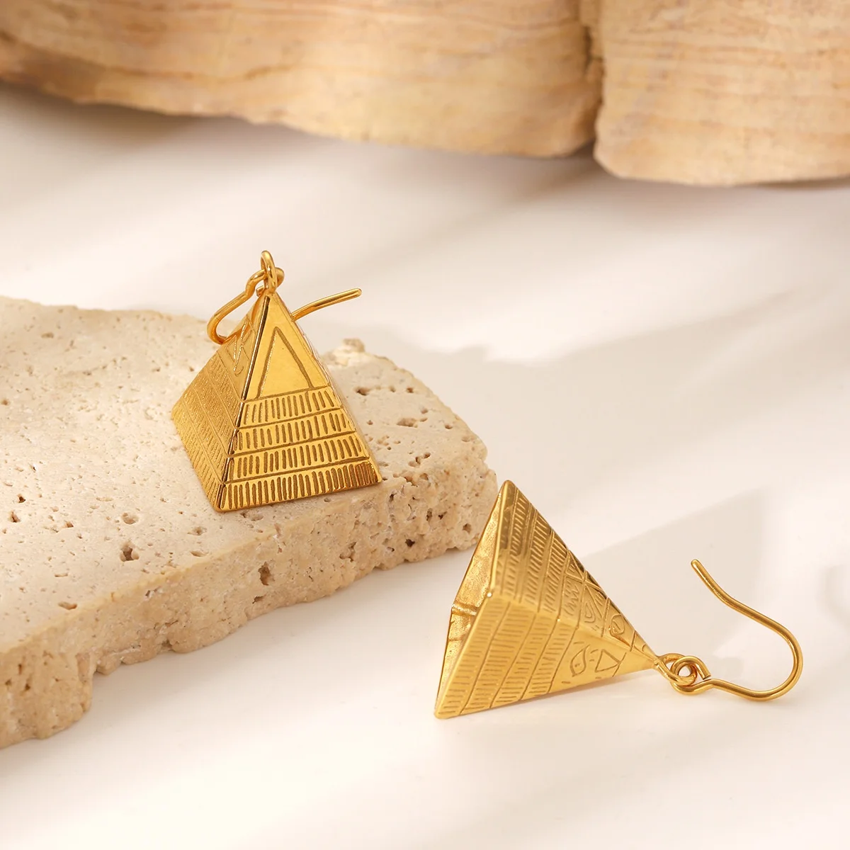 Stainless Steel Engraved Intricate Pyramid Shape Earrings Gold Artisanal Triangle Ear Drop Dangle Hooks Egyptian Retro Jewelry