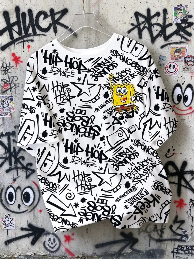 2026 Summer New Hot Selling SpongeBob SquarePants Fun Graffiti T-shirt Breathable Causal Soft Men Women Wear Family Kids Tees