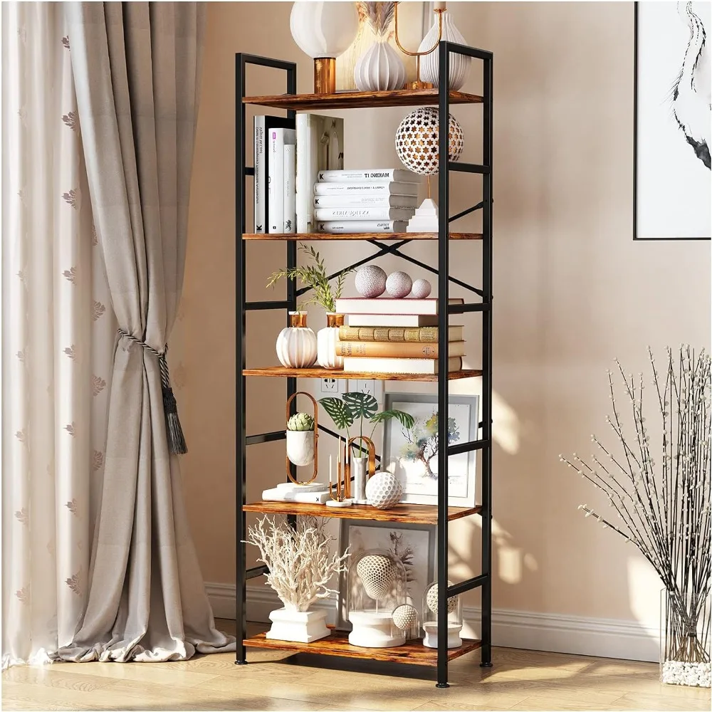 

5-Tier Tall Bookcase, Rustic Wood and Metal Standing Bookshelf, Industrial Vintage Book Shelf Unit, Open Back Modern