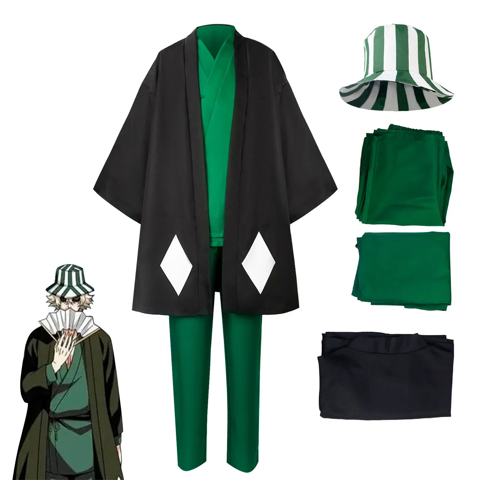 

Hot Anime Bleach Cosplay Urahara Kisuke Gotei 13 Costume Kimono Uniform Cape Top Pants Hat Suit For Halloween Carnival Party