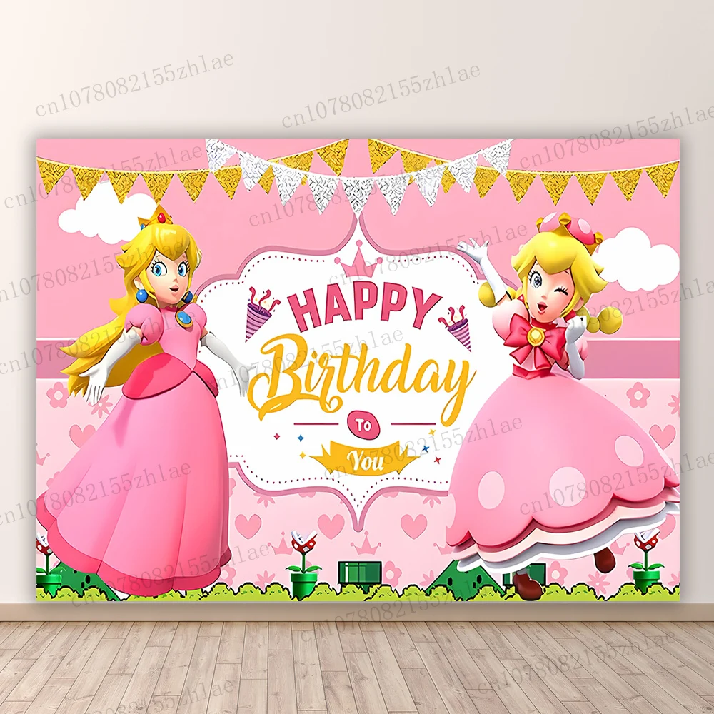 

Super Mario Princess Peach Birthday Party Photo Background Baby Shower Photo Backdrop Party Cartoon Banner Photography Backdrop