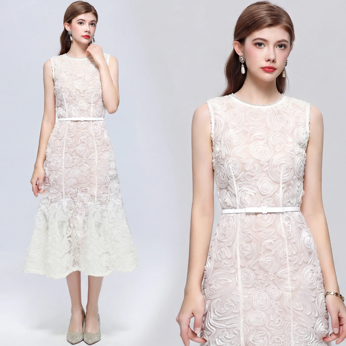 

Women Dress French Style Sweet Lace 3D Floral Embroidery Round Neck Midi Dress Elegant Sleeveless Cocktail Party Dress with Belt