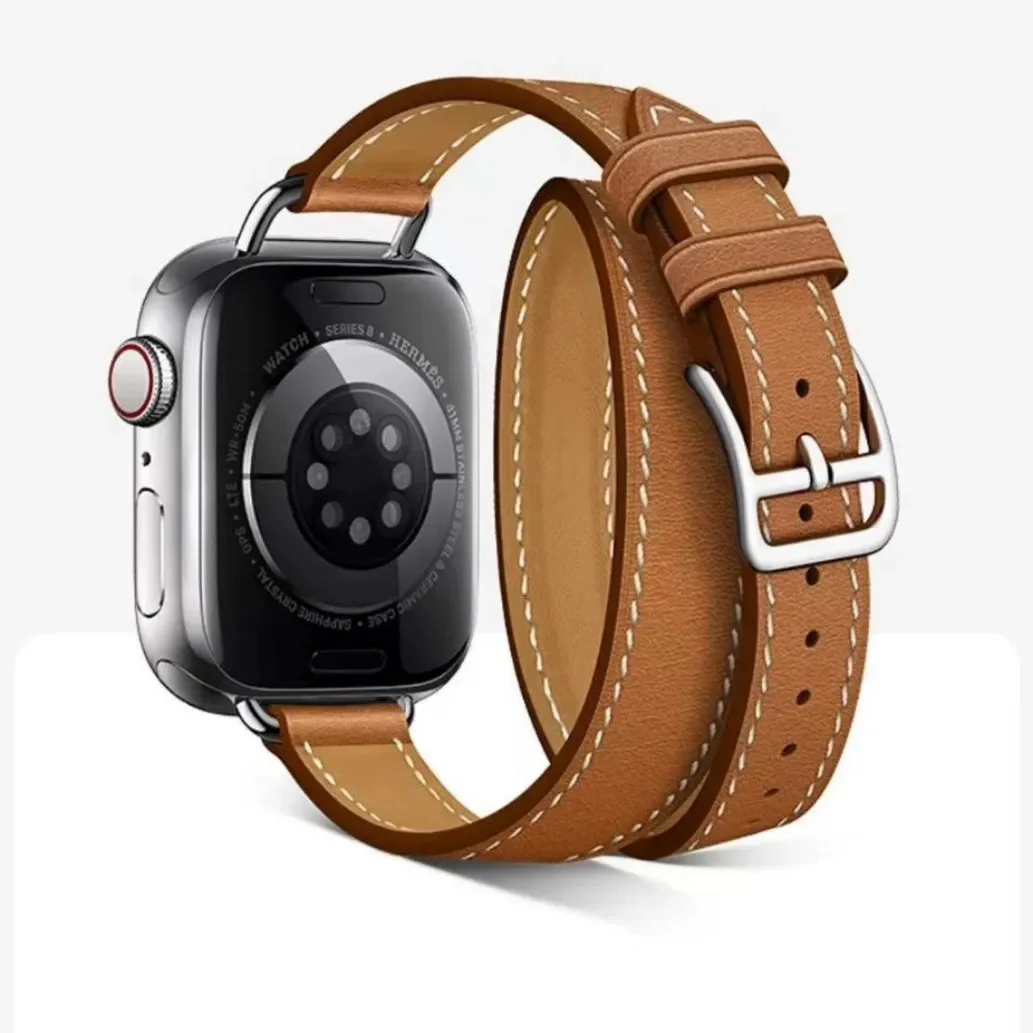 Leather Double Loop Bracelet Belt For Apple Watch Band 38mm 40mm 41mm 42mm 44mm 45mm 49mm Extra-long Strap for iWatch Series