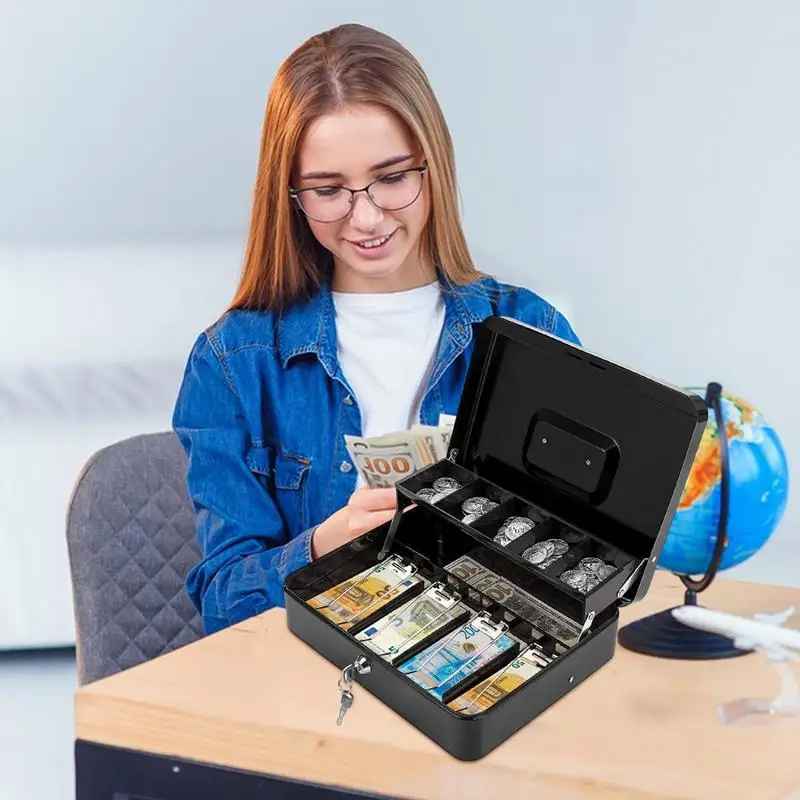 Locking Cash Box Locking Money Saving Tray With 2 Keys 4 Bill/5 Coin Slots Metal Money Box With Cash Tray Portable Lock Safe Box