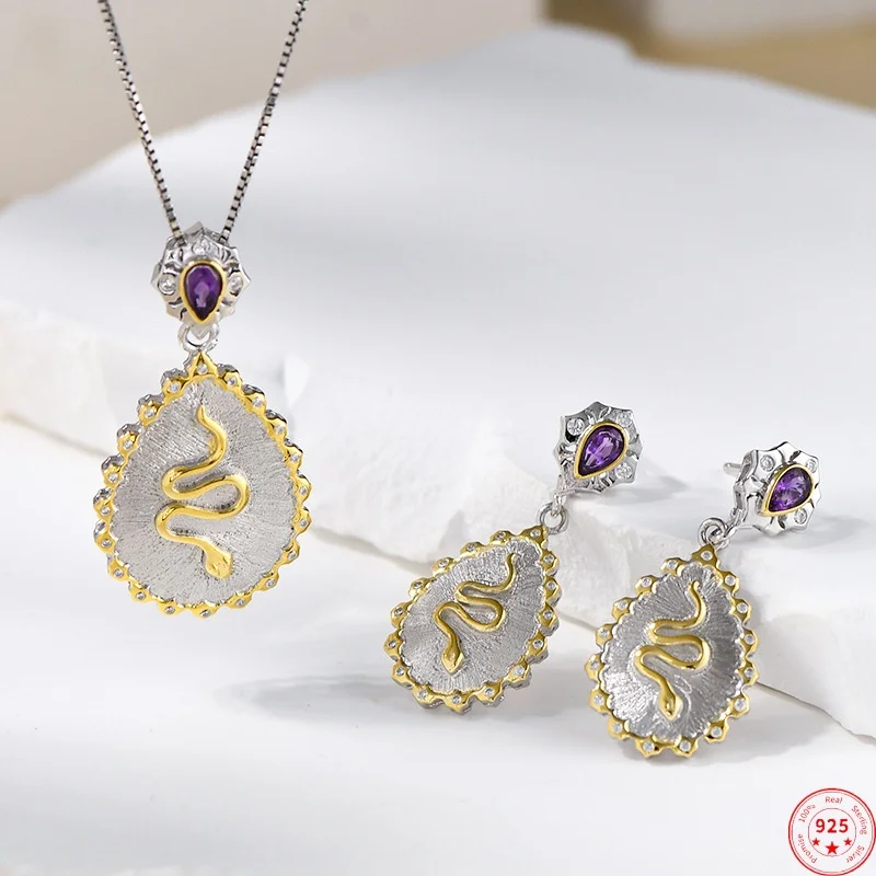 S925 Sterling Silver Pendants for Women Men New Fashion Snake Amethyst Zircon Earrings Contrast Colors Jewelry Free Shipping