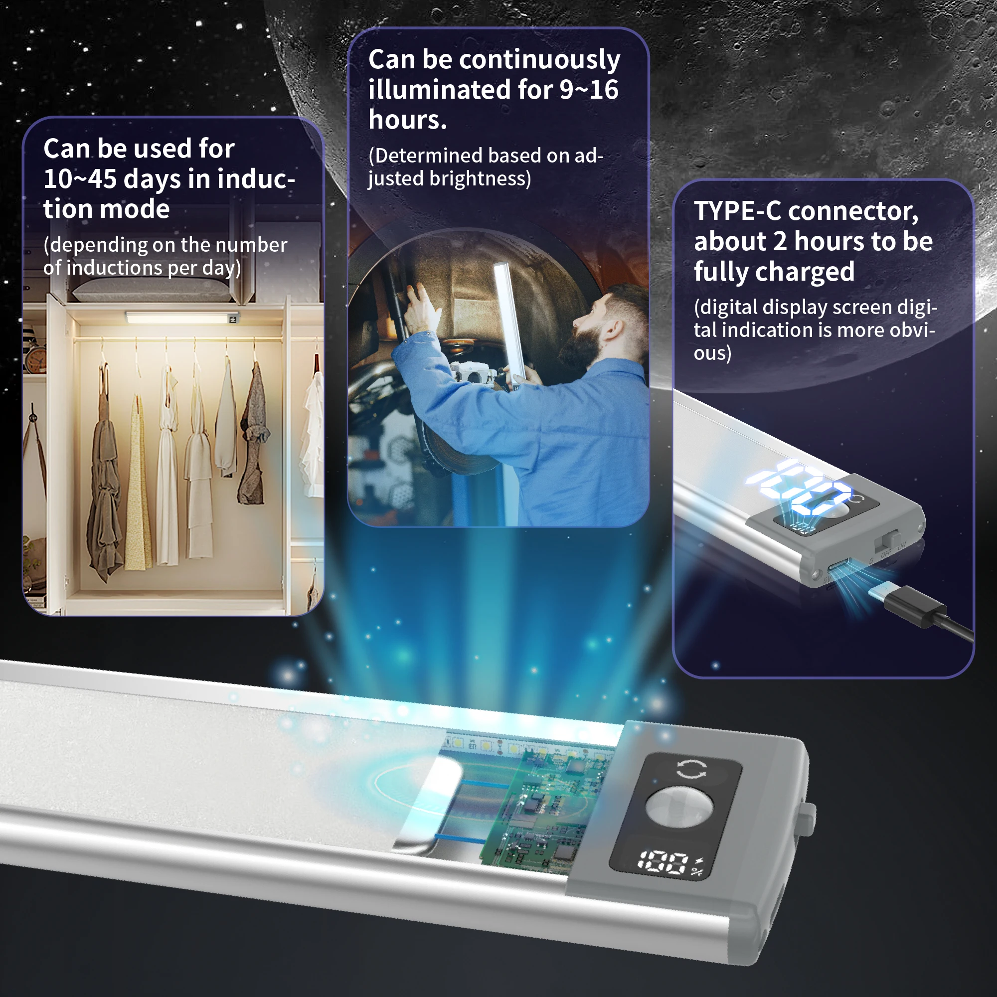 2Pcs 68Led Motion Sensor Light, Magnetic Cabinet Light, Three-Color Dimming, Touch Control, Battery Digital Display, USB Charging, Suitable for Kitchen, Bedroom, Etc