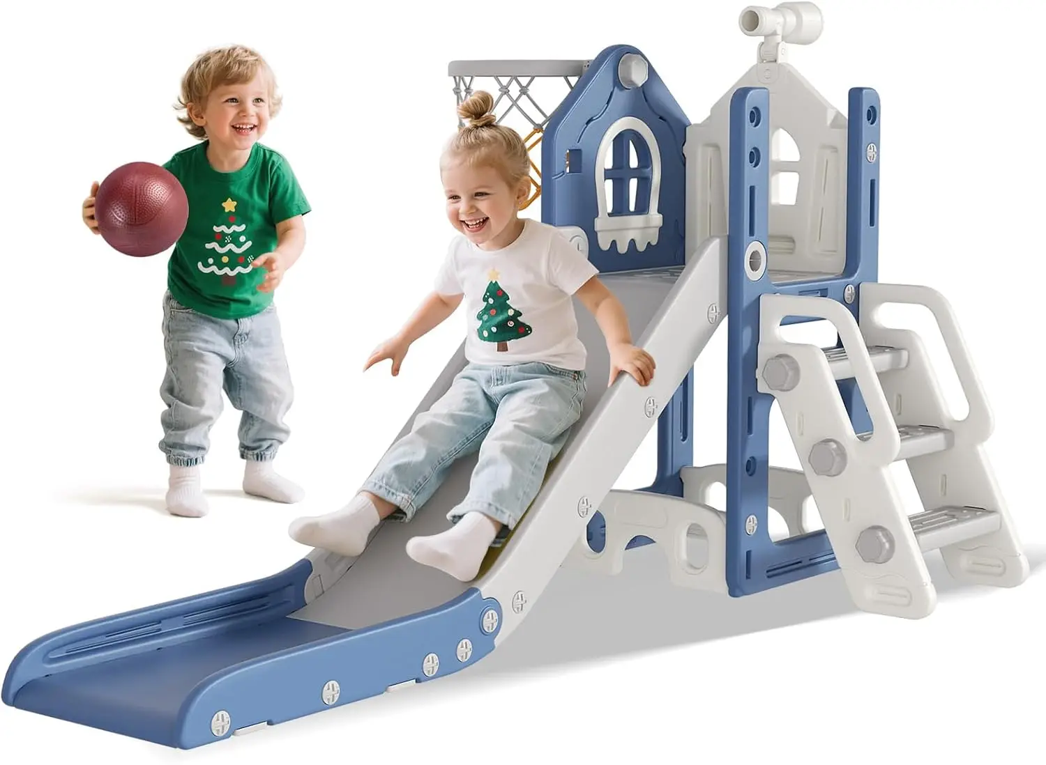 

Детская горка 5-в-1 для малышей от 1 до 3 лет с баскетбольным кольцом, телескопической игрушкой и противоскользящими накладками - игровой комплекс для дома и улицы, сине-серый цвет
