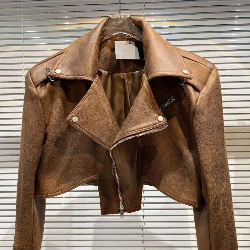 Faionable Streetwear Sle Jaet in pelle PU con colletto grande Texture moto Chiusura con cerniera Cappotto lungo slim fit Sve