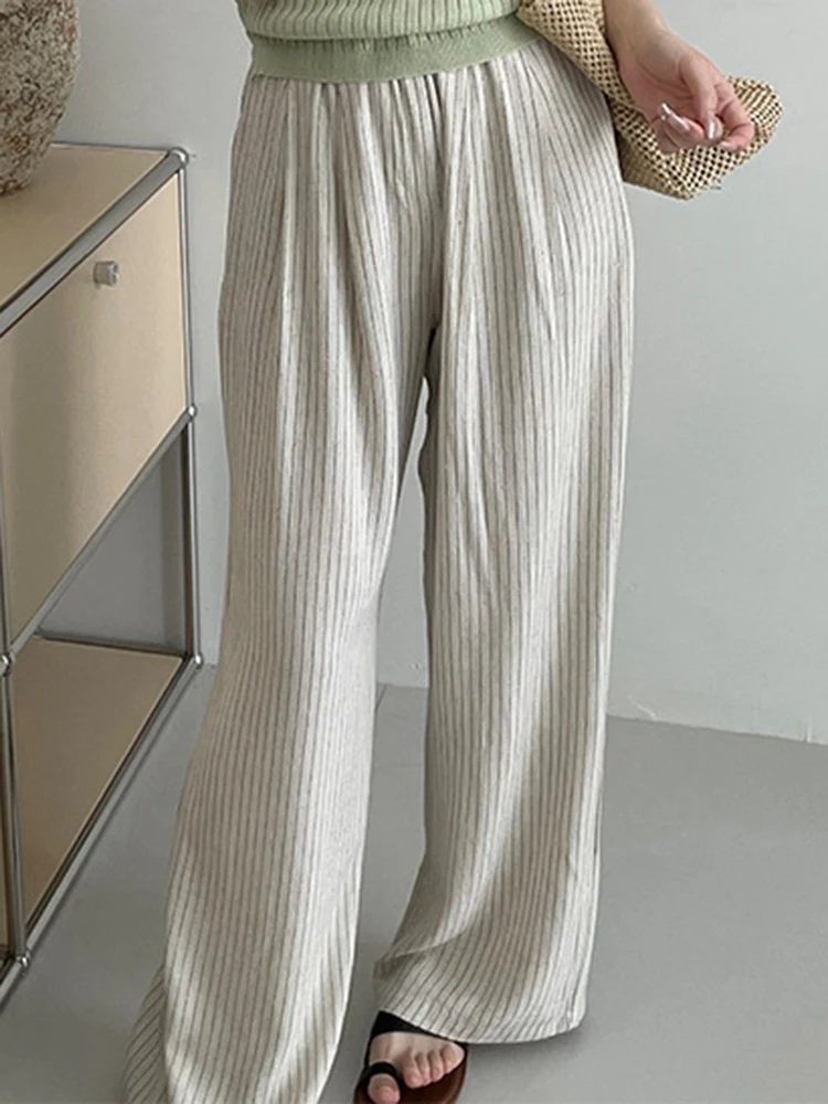 LANMREM Striped Wide Leg Pants For Women Elastic High Waist Casual Drooping Feeling Full Length Trousers 2024 New 2Z1621