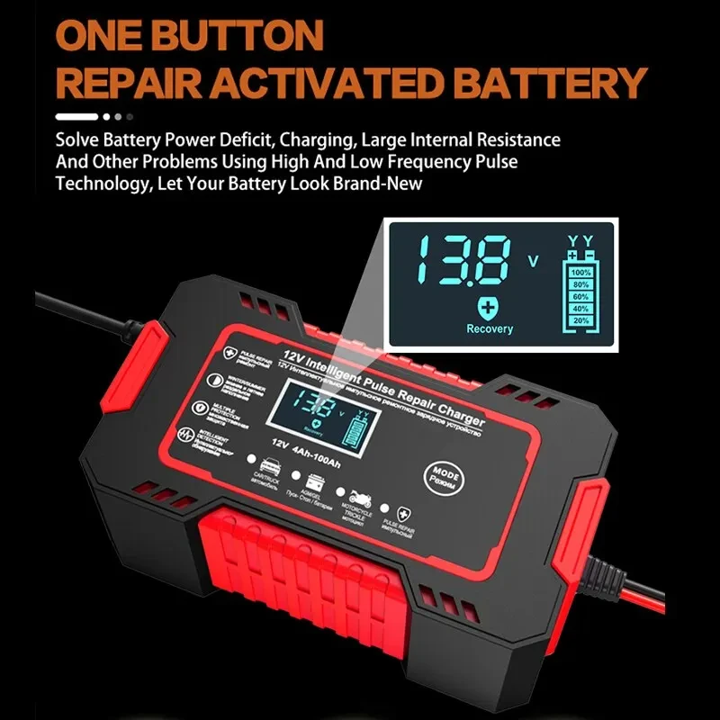 Caricabatteria per auto 6A 12V dispositivo di ricarica della batteria per auto e moto batteria al piombo Display LCD di riparazione intelligente