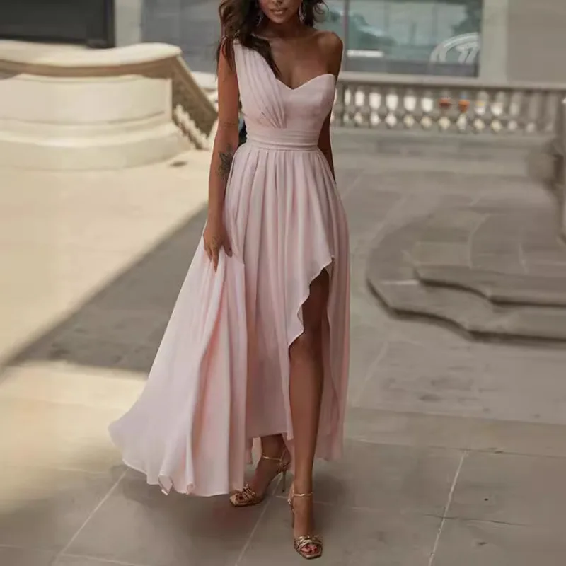 Elegant High Slit Bridesmaid Dress Women V Neck Asymmetrical Hem Pleated Maxi Gown For Formal Evening Party Graduation Gala New