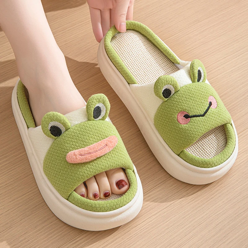 

Frog Platform Women's Slippers House Flat Hemp Cartoon Designer Shoes Girls Cute Indoor Slides Soft Sole Open Toe Non-Slip Floor