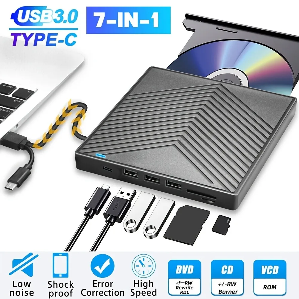 USB 3.0 & Type-C Portable External CD DVD Drive for Laptop Rewritable DVD-ROM Player with SD/TF Card Reader Compatible with Windows Linux Mac OS