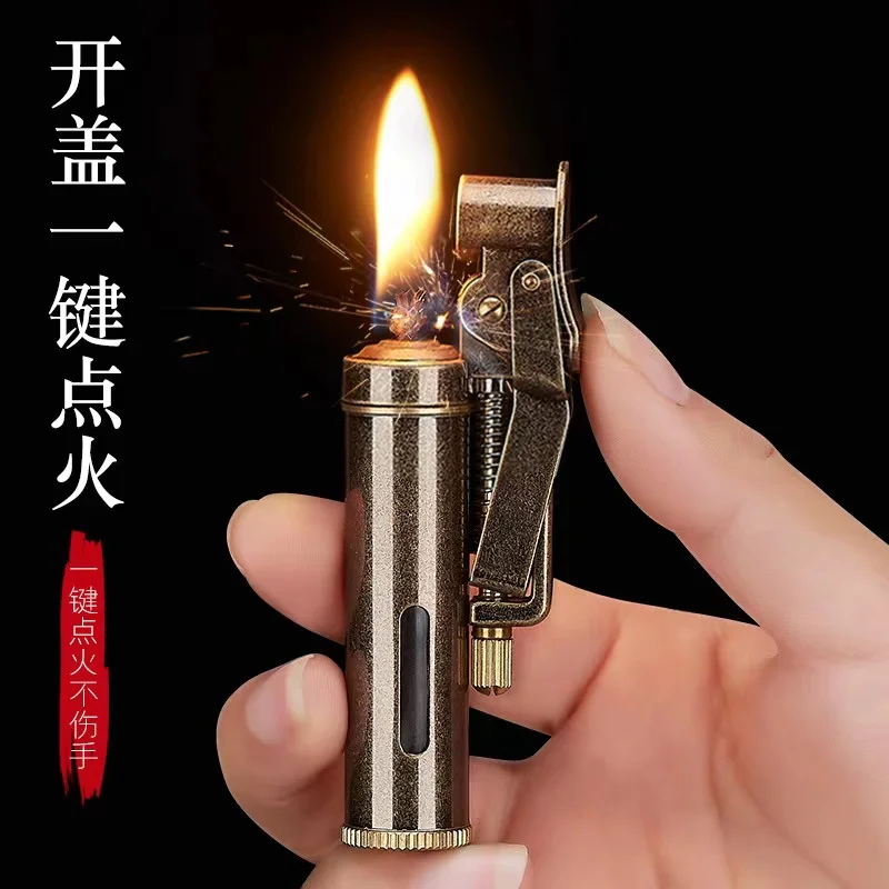 2023 New Copper Kerosene Lighter Visual Oil Tank One-key Ignition Retro Nostalgic Grinding Wheel Lighter Men\'s Smoking Gift Tool