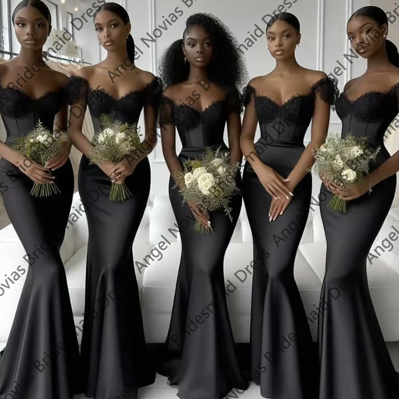 

Customized African Black Mermaid Bridesmaid Dresses Off Shoulder Sweep Train Women Wedding Guest Gowns Maid of Honor Dress
