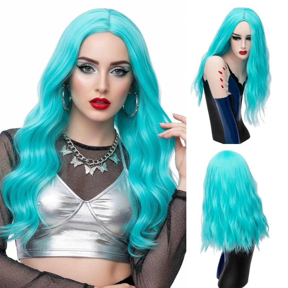 

Средняя часть линии, термостойкий синий парик, женский длинный пушистый синтетический парик для Хэллоуина, Рождества, косплея, повседневная одежда