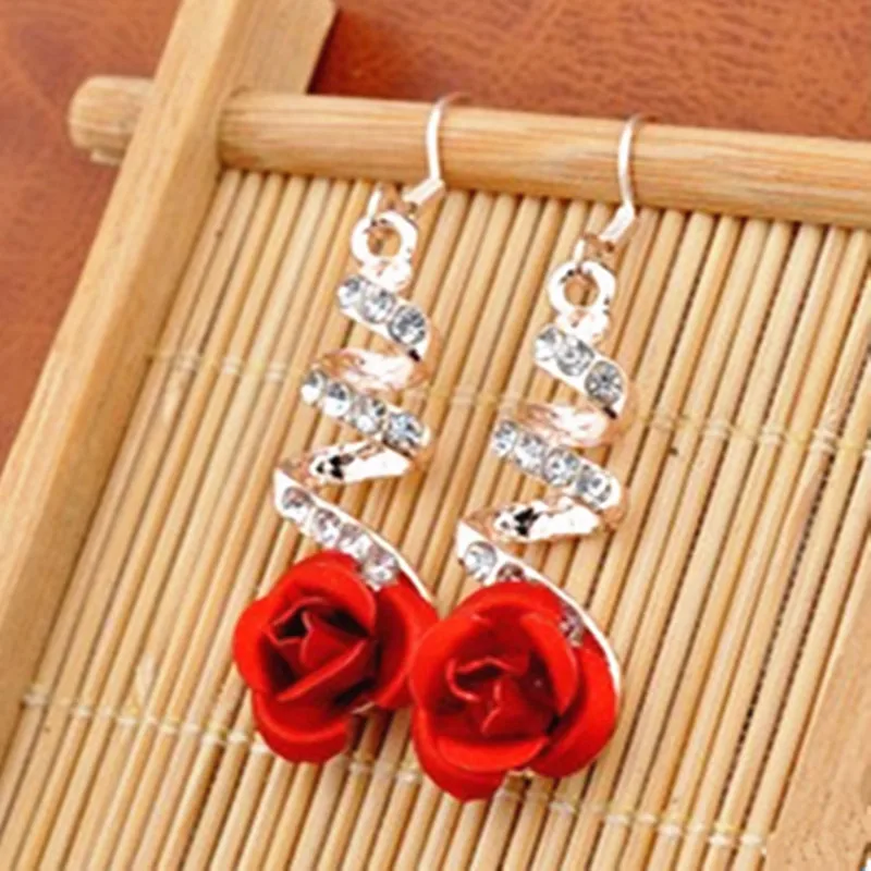 Vintage Red Rose Earrings Rose Gold Color Crystal Rhinestone Pearl Butterfly Flower Stud Earrings  Women Gifts Wedding Jewelry