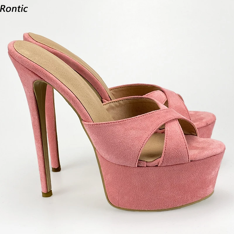 Rontic New Women Platform Mules Sandals Slippers Faux Sudede Stiletto Heels Open Toe Gorgeous 10 Colors Party Shoes US Size 5-20