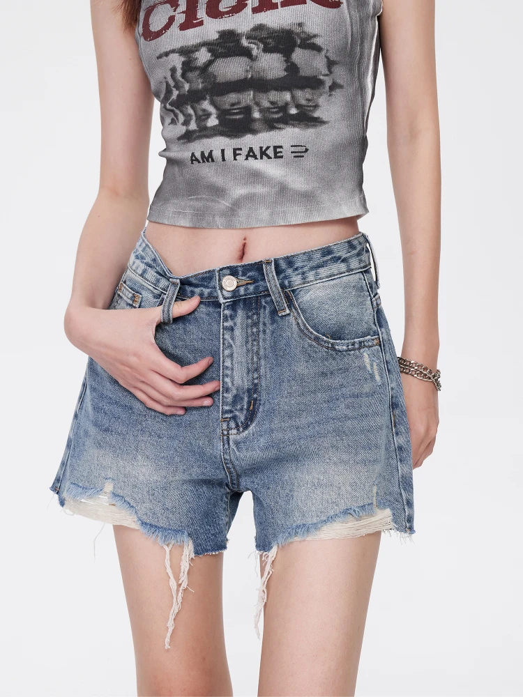 

Новые модные женские джинсовые шорты с высокой талией, светло-голубые, повседневные, летние, свободного кроя, с эффектом потертости, универсальные