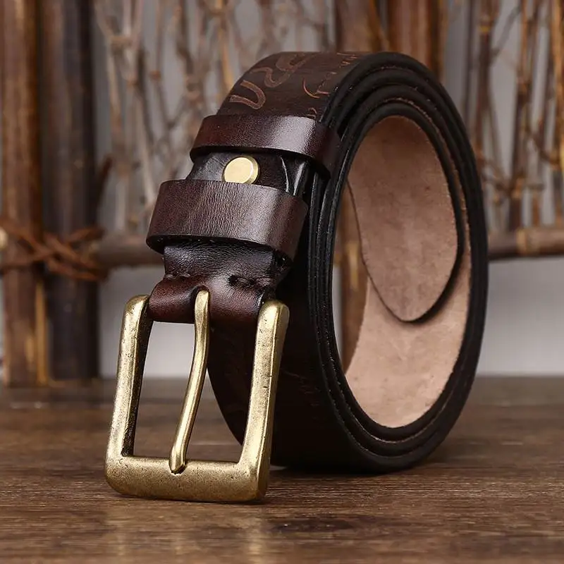 Retro handmade laser engraved pattern men's belt men's personality trend versatile leather first layer cowhide belt