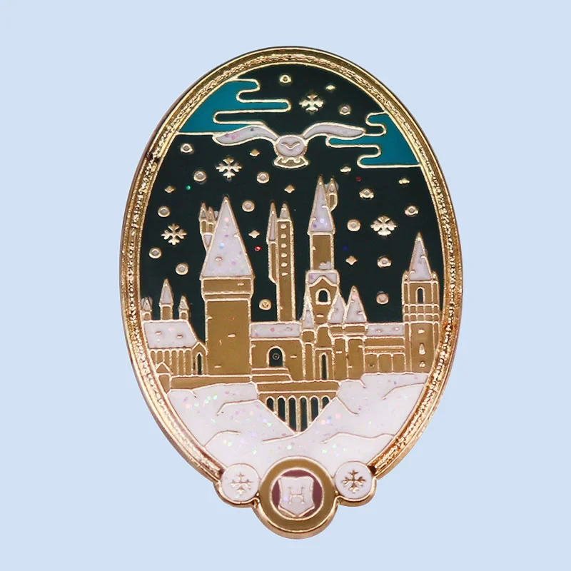 Shiny Snowy Night Flying Owl Hedwig Magical Castle Pin Magic School Badge Oval Shaped Brooch Welcome To The Wizarding World !