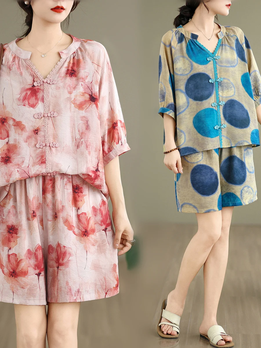 

Retro Chinese Cotton Linen Print Button Sve V-ne Women's Summer Loose Fit Midi Skirt Slimming Two-piece Set
