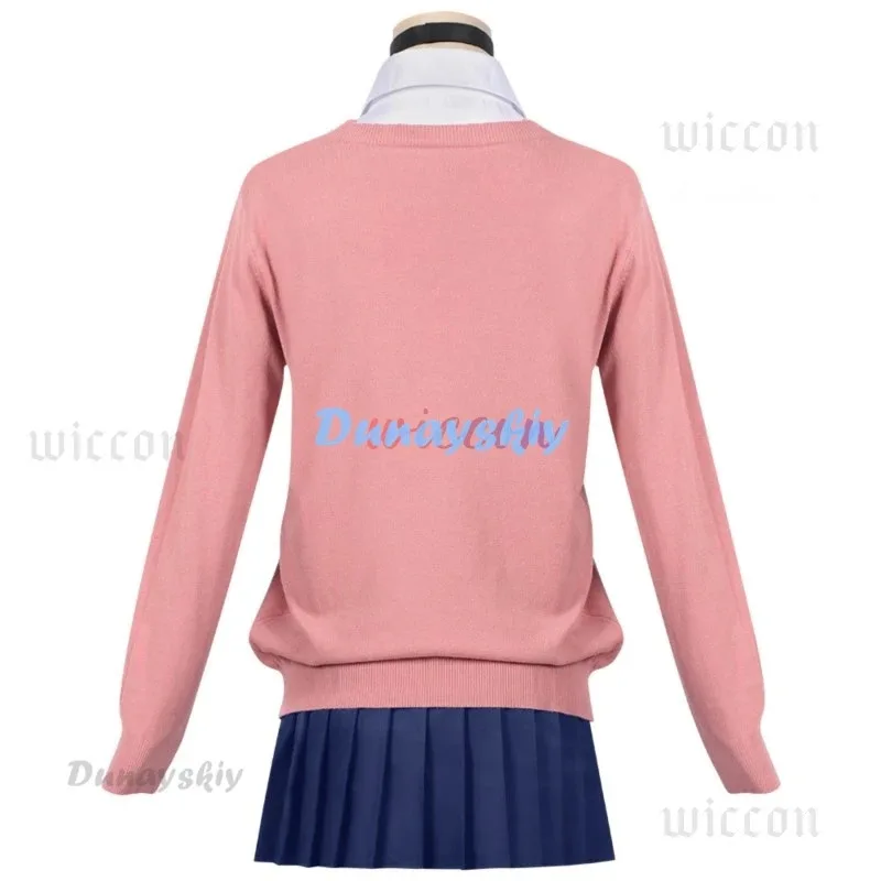 Momo Ayase-Peluca de disfraz para mujer, uniforme escolar JK de Anime Dandadán, pendientes, suéter rosa, falda, fiesta de Halloween