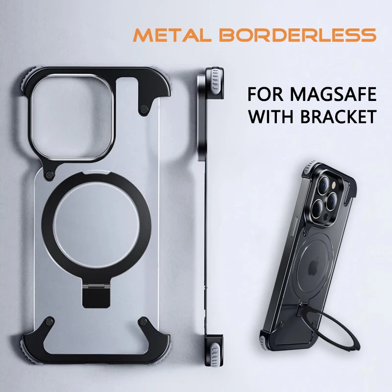 

Aluminum Alloy Magnetic Bracket Rimless Phone Case For iPhone 13 14 15 Pro Max 15 Plus Lens Frame Shell Frosted Matte Back Cover