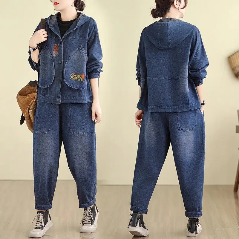 

2025 Spring Autumn Korean Large Size Loose Cowboy Hooded Jacket Retro Pants Two Piece Set For Women's Casual Jeans Outfits A524