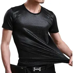 2023 Men's Ice Silk Fabric Clothes Summer Round Neck Solid Color Casual Tops Fashion Slim Jacquard Weave T-shirt