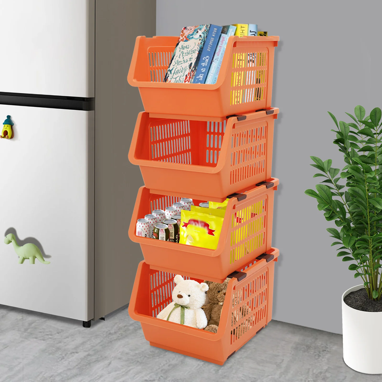 Оранжевые большие штабелируемые корзины для хранения, 4 контейнера-органайзера с ручками, универсальный пластиковый контейнер из полипропилена для дома и общежития