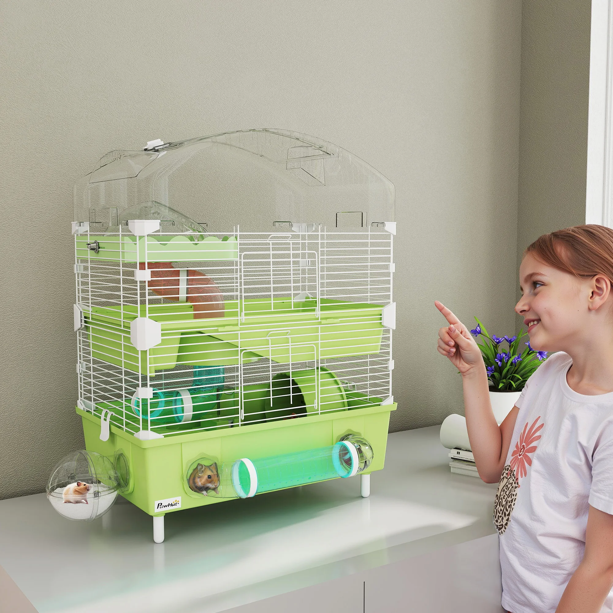 Jaula para hámster PawHut de 3 niveles, hábitat para hámster con accesorios, verde