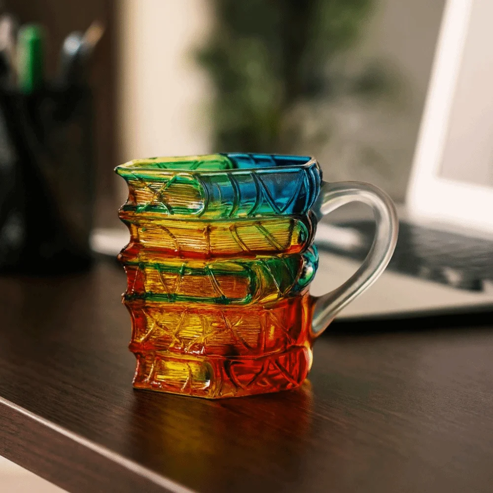 Caneca de vidro em forma de livro de vidro de borosilicato alto desenhada à mão decoração de design ​ Ative 3D pintado livro caneca leitores coloridos de xícara de chá e café