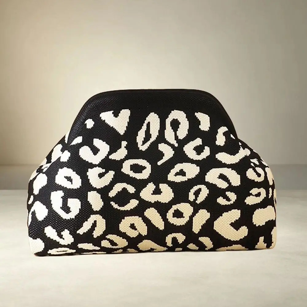 Fashion Polyester Clutch Bag Leopard Print Knitted Fabric Clip Bag Large Capacity Clip Closure Hand Bag Shopping