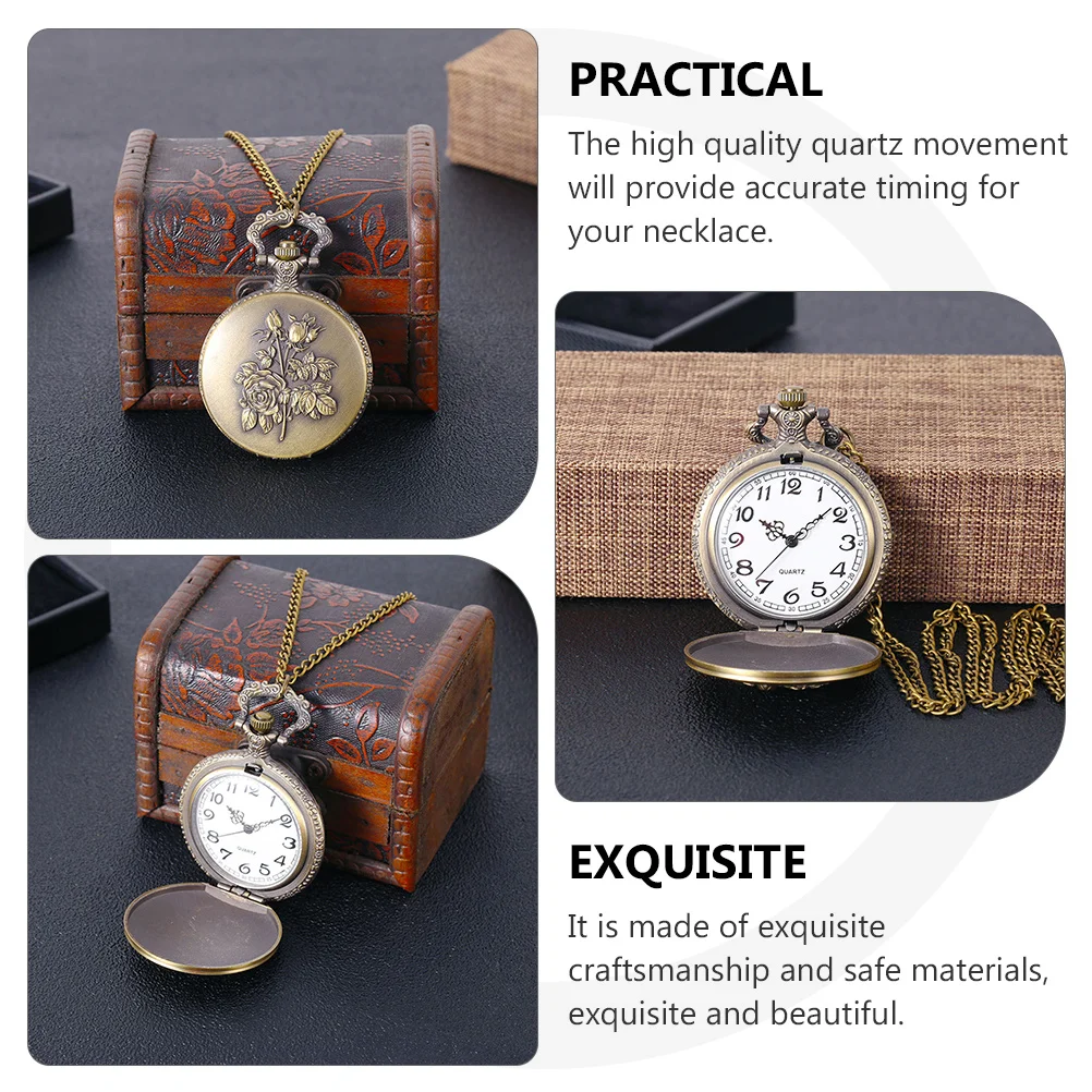 

Vintage Rose Pendant Necklace Lightweight Quartz Pocket Watch Retro Decorative Chain Jewelry For Women Men Portable Timepiece