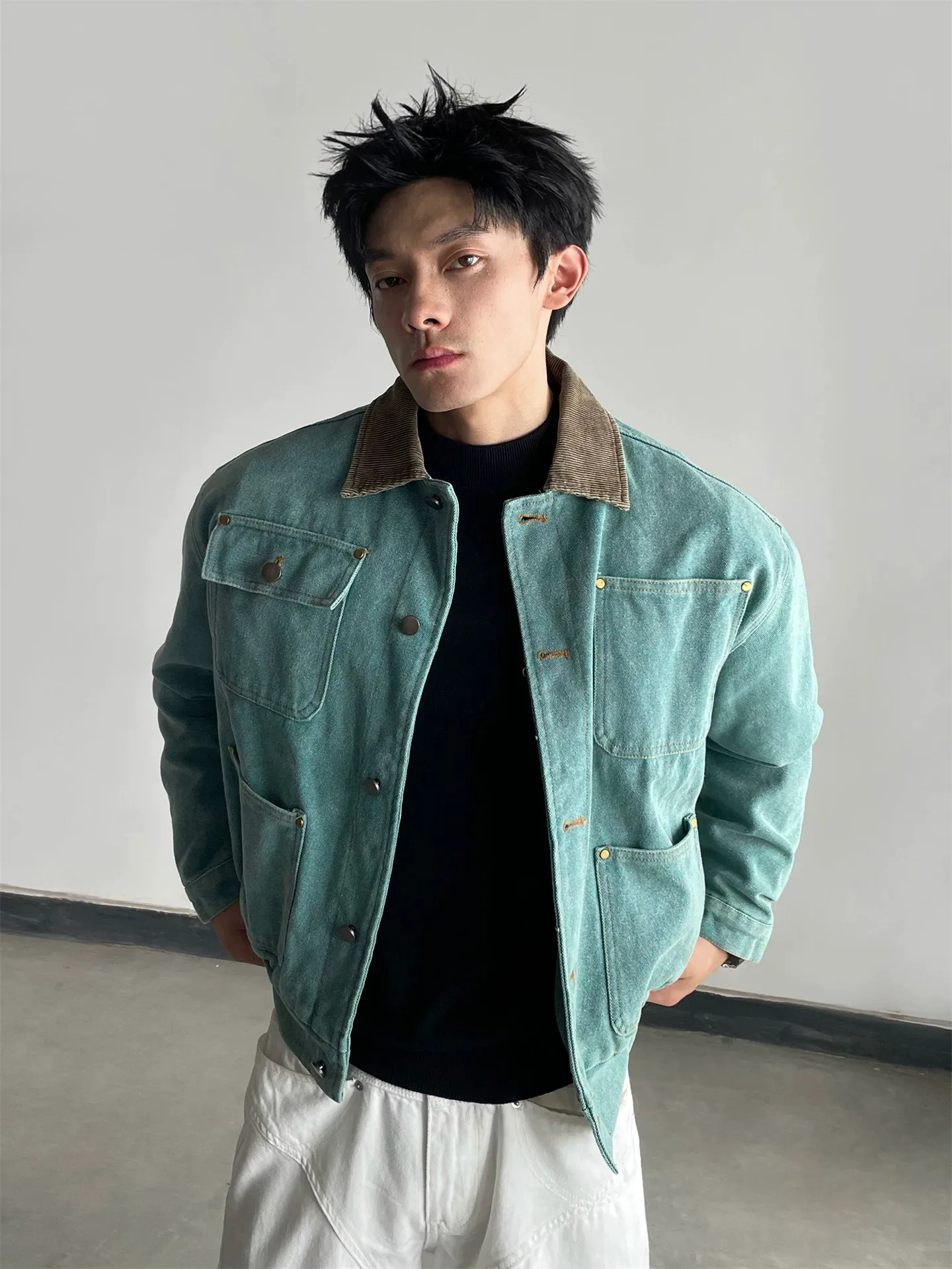 2026 Autumn New Vintage Denim Jacket For Men American Casual Fashion Workwear Style Multi Pocket Contrasting Color Lapel Jackets