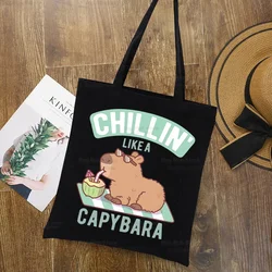 Capibara divertido dibujo animado diseño negro bolsos de lona de hombro Harajuku lindo Animal Capybaras bolso Capibara bolso de mujer bolso de compras