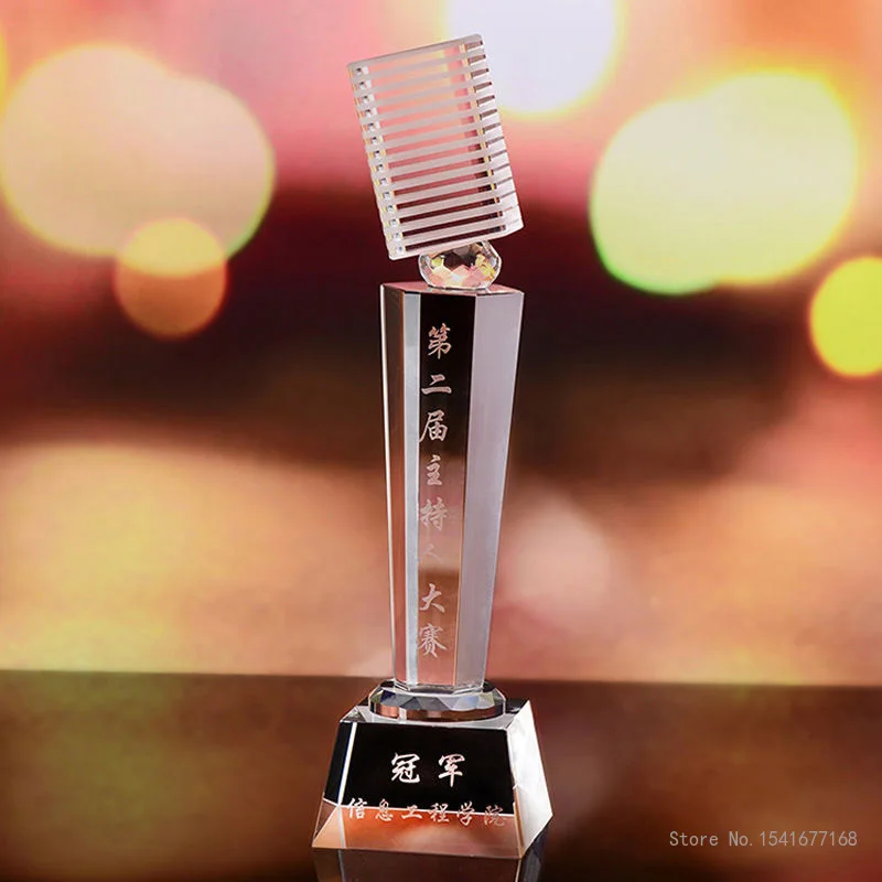 Crystal Trophy with Lettering for Celebration, Creative Microphone, Music and Singing, Host and Song, Celebration Gift