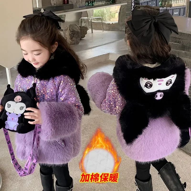 Anime Sanrioed Kuromi Girl Clothes Plush Jacket Fashion Hooded Padded Jacket Autumn Winter Thickened Warmth Fur Coat Outerwear