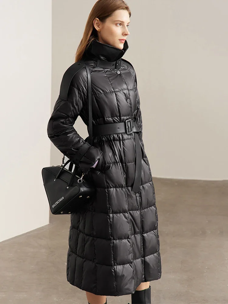 AMII Minimalistische neue Entendaunenjacke für Damen 2023, langer Parka mit Gürtel, Stehkragen, hochwertige Mode-Winter-Oberbekleidung 12344165