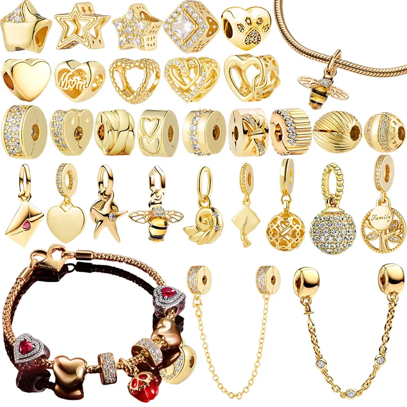 

Hot Sale Sparking Gold Charm Beads Pendant Clip Fit Original Snake Silver Bracelet Necklace Beads For Diy Jewelry Women Gift