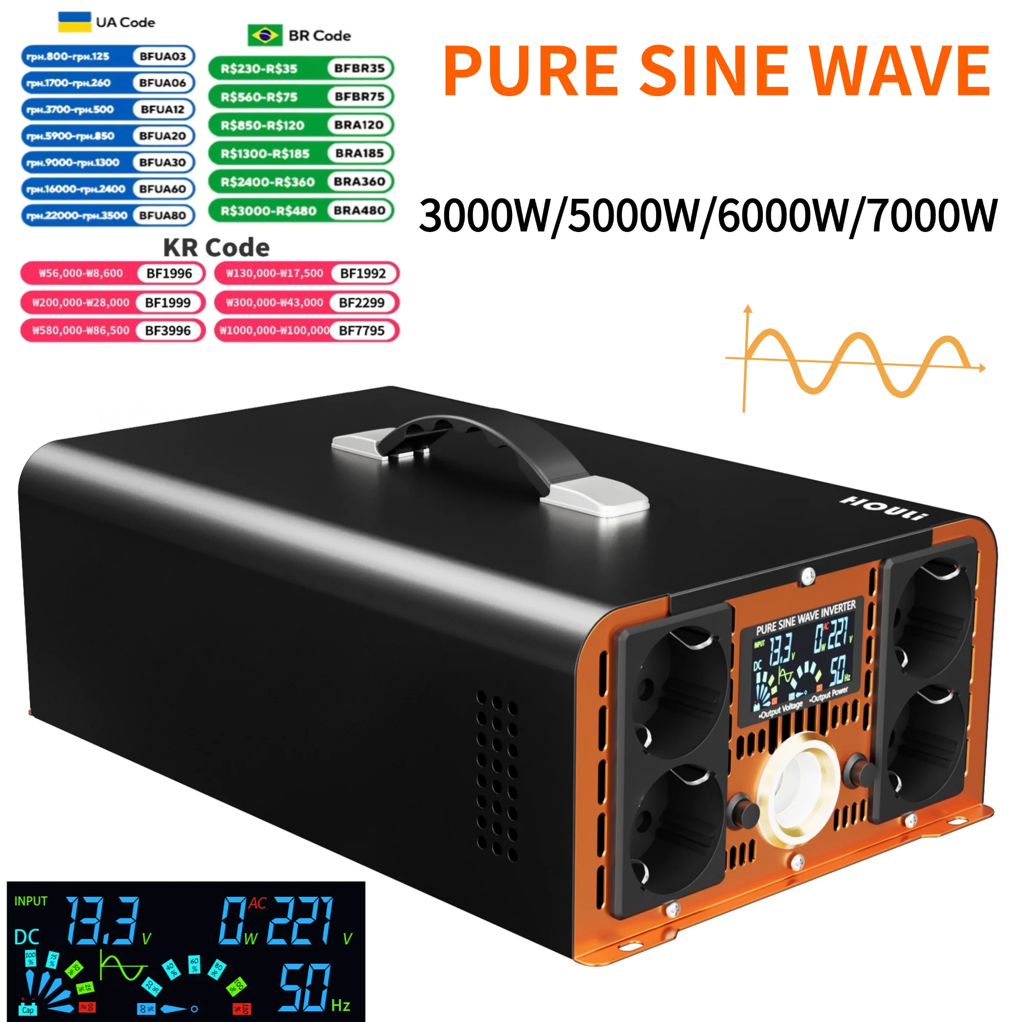 HOULI Pure Sine Wave Inverters  5000W 6000W 7000W 10000W 4AC Socket Car Inverter DC12V 24V  AC 220V portable Voltage Converters