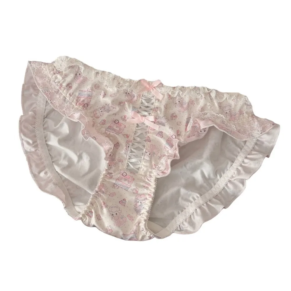Atmungsaktive Kawaii-Spitzen-Schleifen-Slips mit Baumwoll-Zwickel, niedriger Bund, Lolita-Stil, bequeme, süße Rüschen-Slips für den Alltag, Mädchen – Detail 3